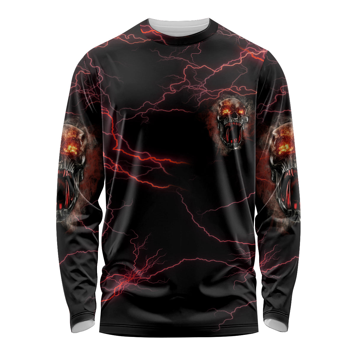 Black long sleeve shirt with red lightning, skull graphic, and sleeve skull details