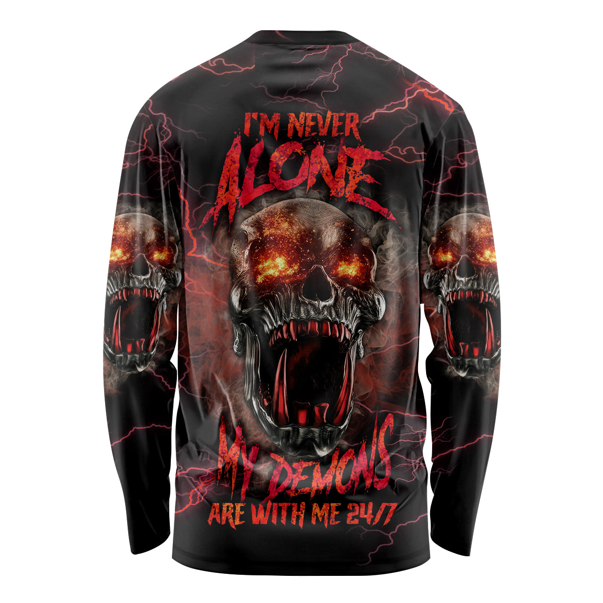 Black long sleeve shirt with red lightning and large skull graphic at center back
