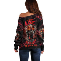Women’s off-shoulder sweater with fiery skull demon graphic, red lightning accents