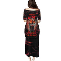 Long black dress with red lightning skull graphic on back, short sleeves
