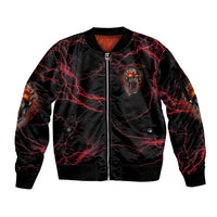 Black bomber jacket with front zip, red lightning skull graphic, ribbed cuffs and hem