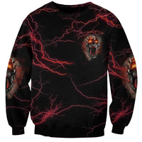 Black unisex sweatshirt with red lightning lines and small skull graphic on chest