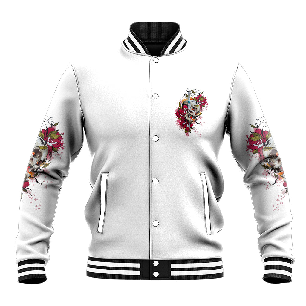 Unisex white baseball jacket with front button placket and skull-rose emblem