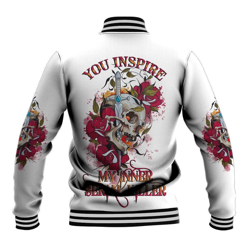Unisex white baseball jacket with skull and rose graphic on back