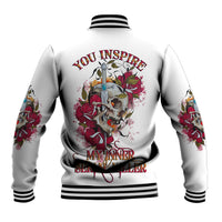 Unisex white baseball jacket with skull and rose graphic on back