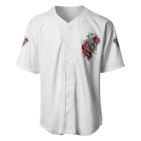 White baseball jersey, front button placket with small skull rose emblem