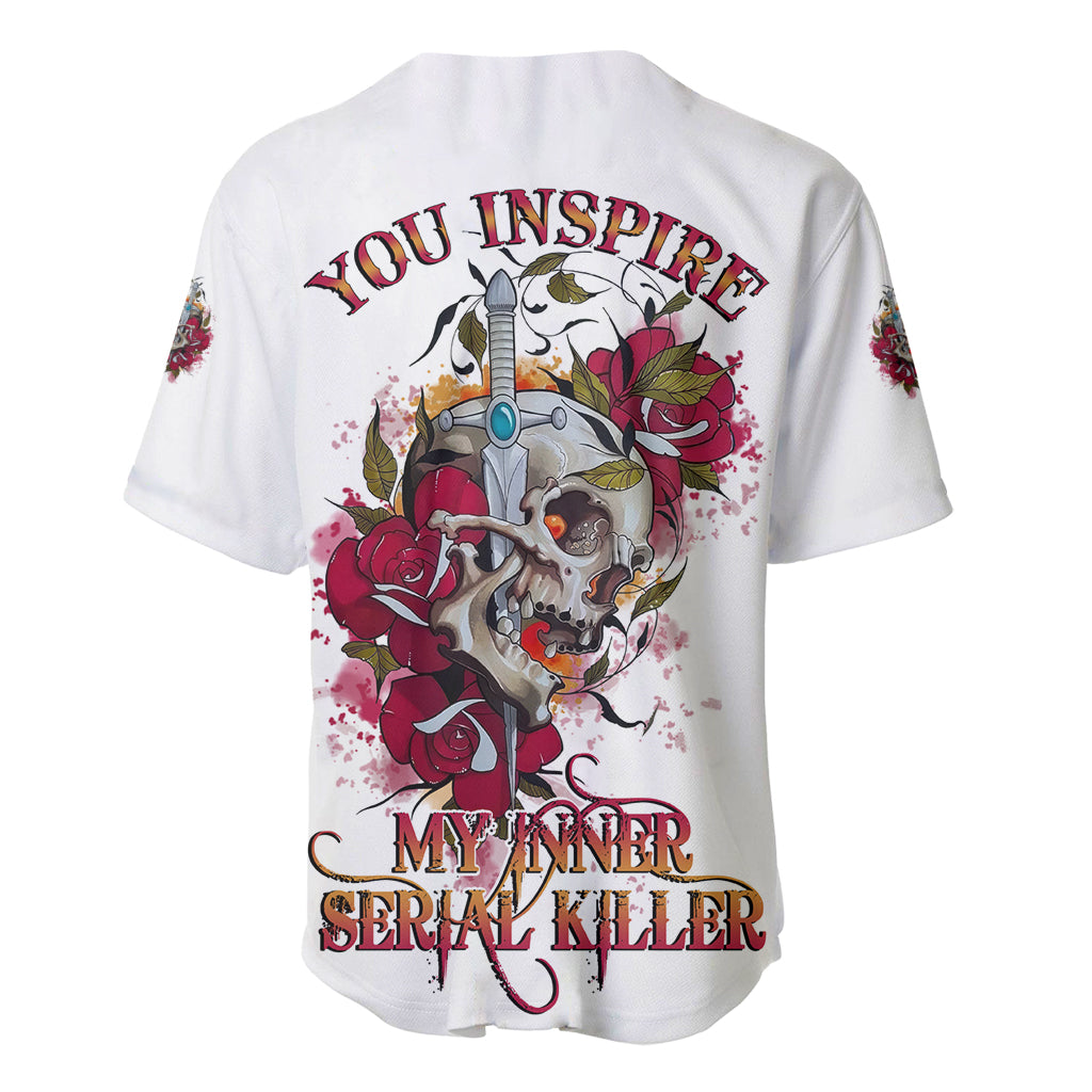 White baseball jersey, back skull and rose graphic with multicolor text