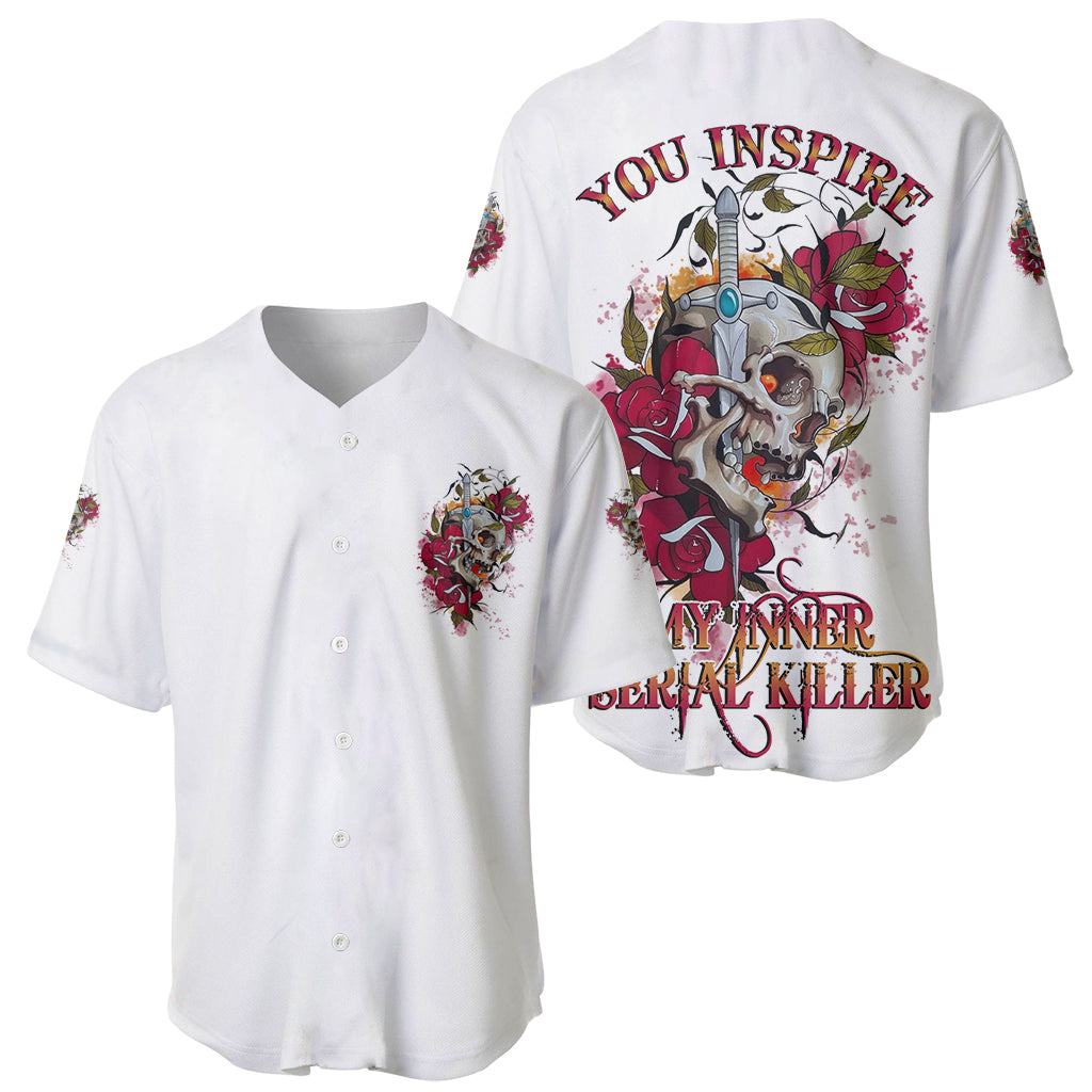 White baseball jersey, front buttons and multicolor skull rose back print