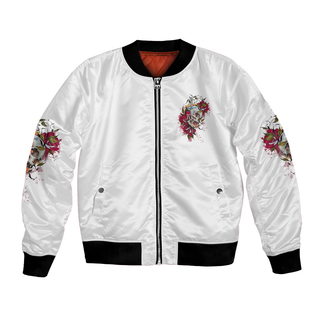 White unisex bomber jacket with front zipper and rose-skull patch, black ribbed cuffs