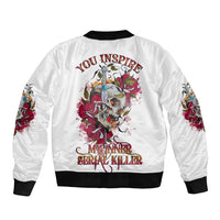 White unisex bomber jacket with skull-and-rose graphic on back, black ribbed trim