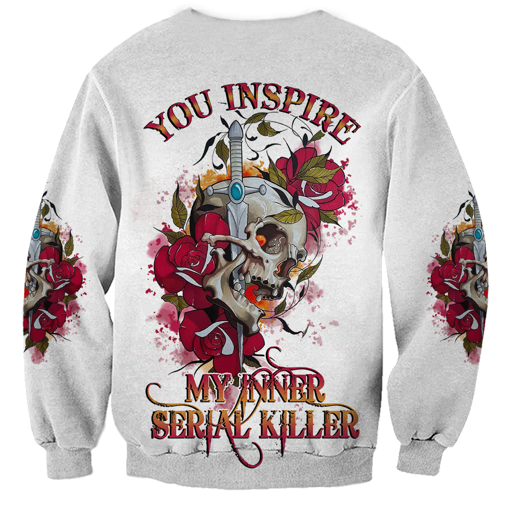 Light gray sweatshirt with large back skull-and-rose graphic and 'MY INNER SERIAL KILLER' text
