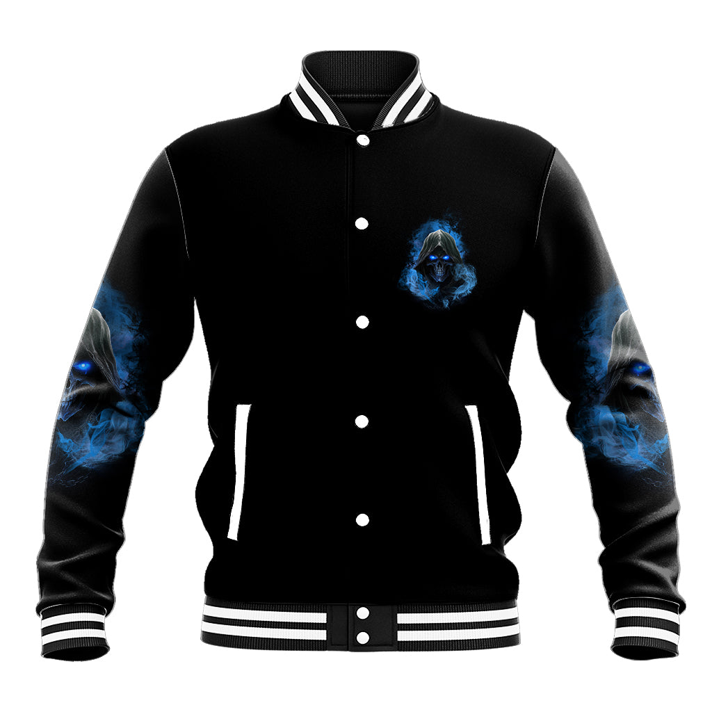 Black baseball jacket with striped ribbed collar and blue skull patch on left chest