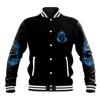 Black baseball jacket with striped ribbed collar and blue skull patch on left chest