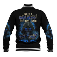Black baseball jacket with striped ribbed collar, blue skull graphic on back