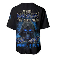Black baseball jersey with blue back graphic and white buttoned V-neck