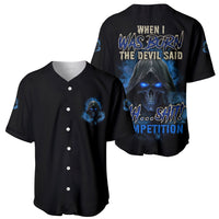 Black baseball jersey (front and back) with blue skull artwork and white buttons