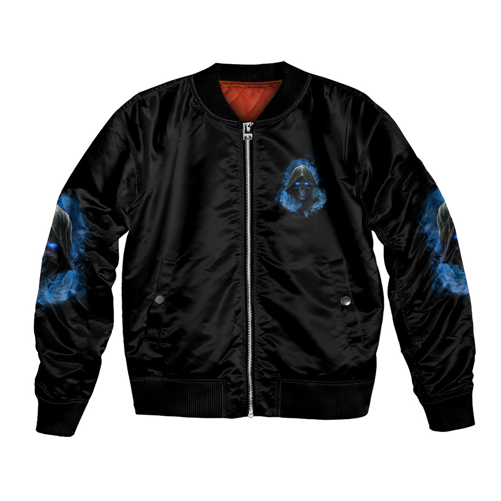 Black bomber jacket with front zipper and blue flame graphic on sleeves and chest