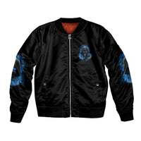 Black bomber jacket with front zipper and blue flame graphic on sleeves and chest