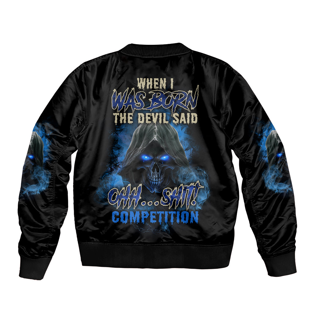 Black bomber jacket with blue fire graphic on back, ribbed collar and cuffs