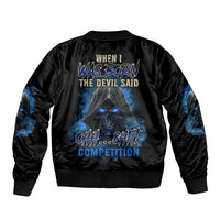 Black bomber jacket with blue fire graphic on back, ribbed collar and cuffs