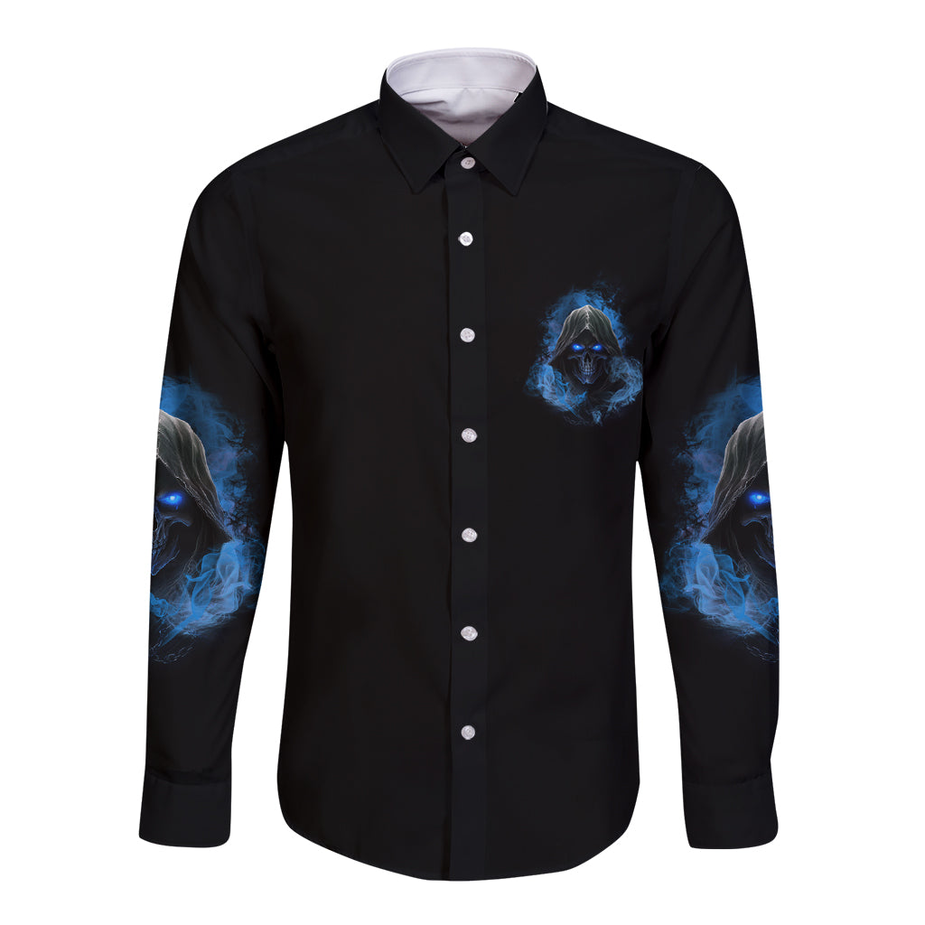 Black long-sleeve button shirt with blue chest graphic and sleeve flame print