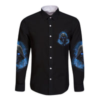 Black long-sleeve button shirt with blue chest graphic and sleeve flame print