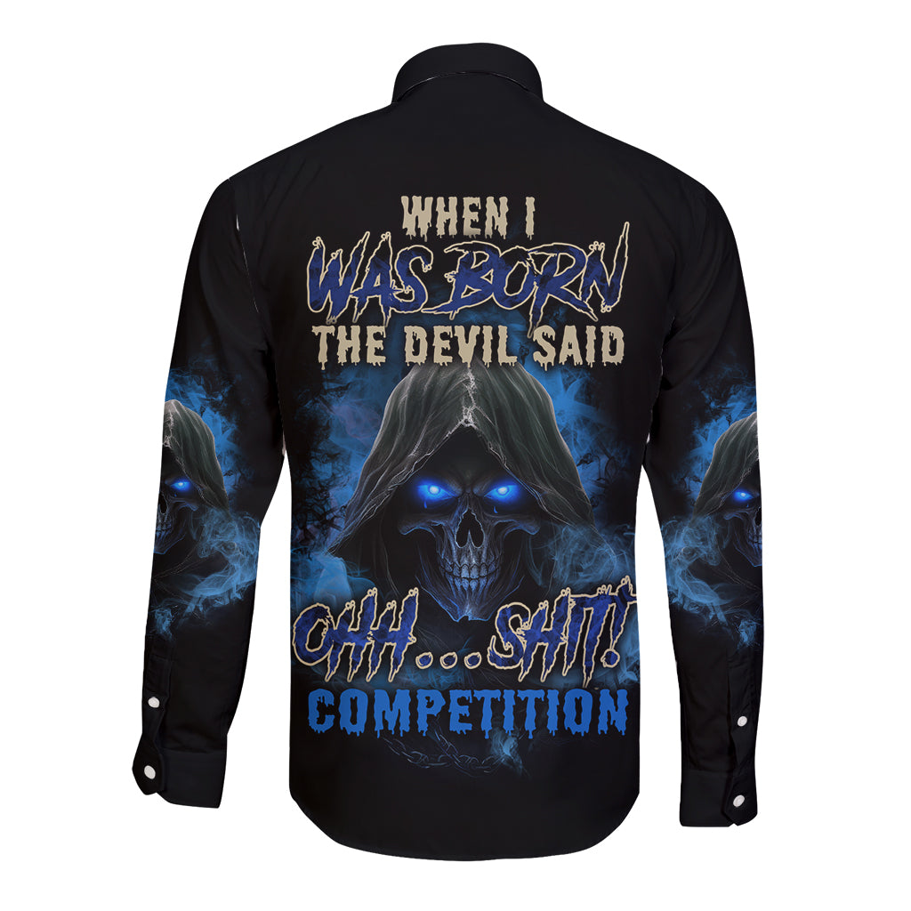 Black long-sleeve button shirt with blue graphic skull and flame back print
