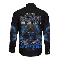 Black long-sleeve button shirt with blue graphic skull and flame back print
