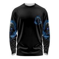 Black long sleeve shirt with blue skull graphic on sleeves, plain front