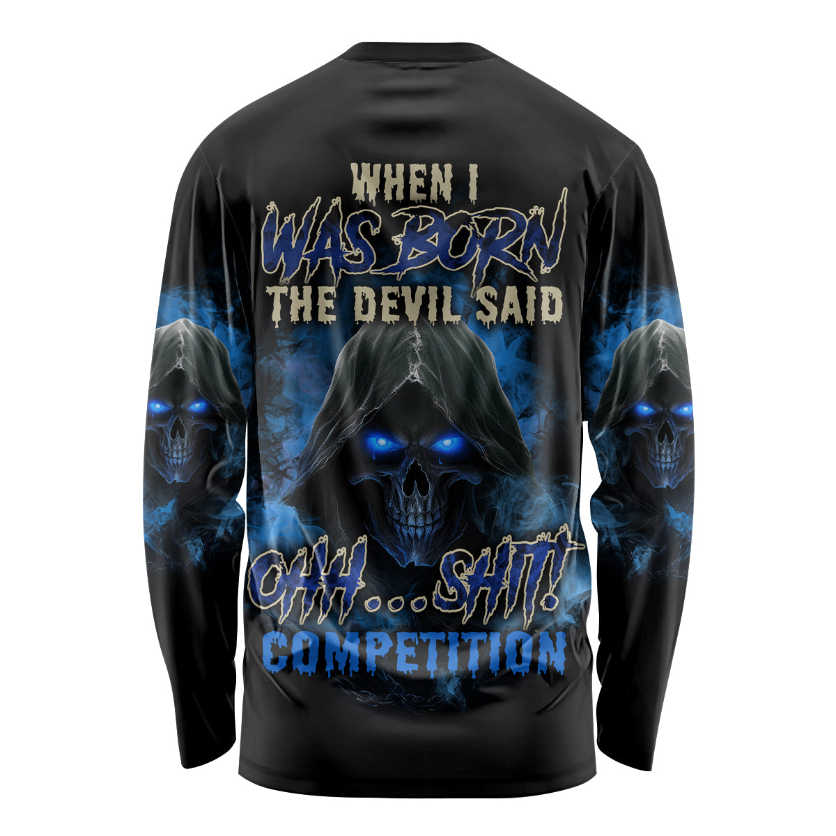Black long sleeve shirt with large blue skull and text graphic on back