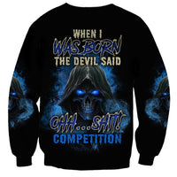 Black sweatshirt with blue devil-skull graphic and bold lettering on front