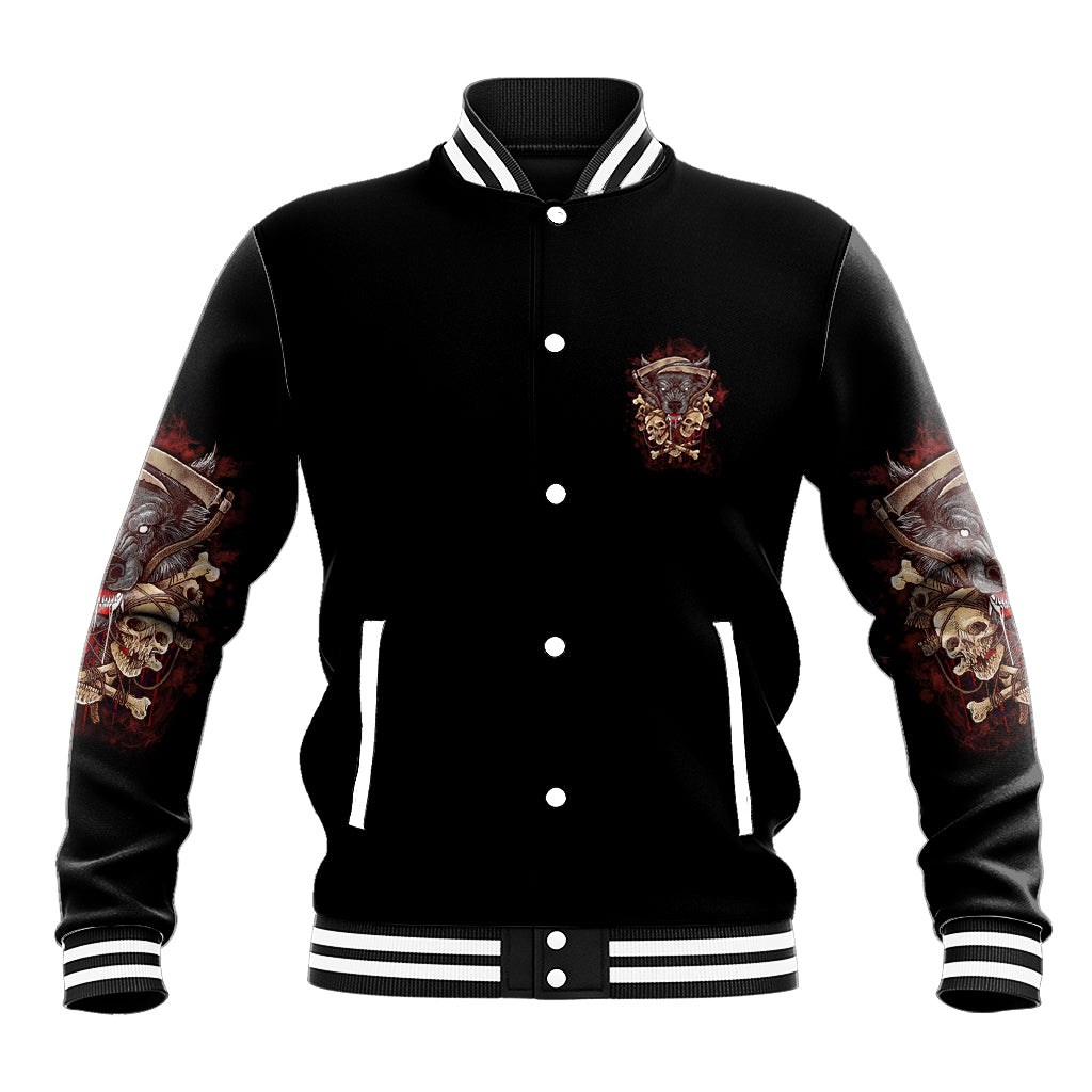 Black varsity jacket with button front, striped collar, and embroidered crest pocket