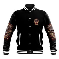 Black varsity jacket with button front, striped collar, and embroidered crest pocket
