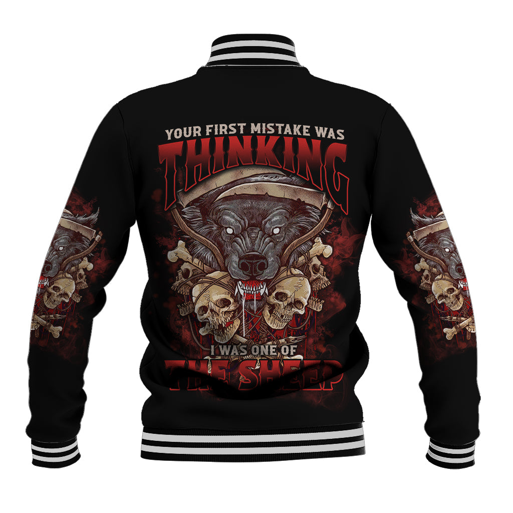Black baseball jacket with striped ribbed collar and large back graphic skull