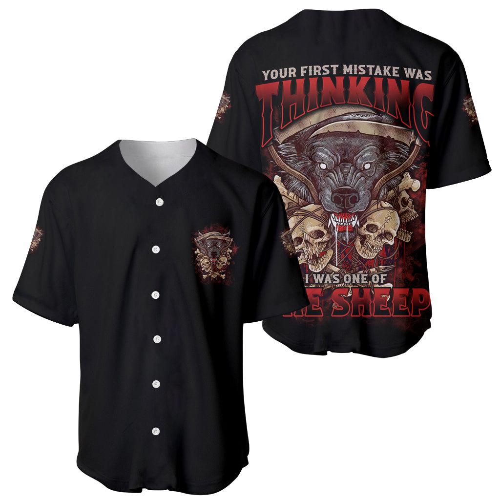 Two black baseball jerseys, one with front emblem and one with large back print