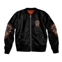 Black bomber jacket with front zip, ribbed hem; sleeve prints and chest patch