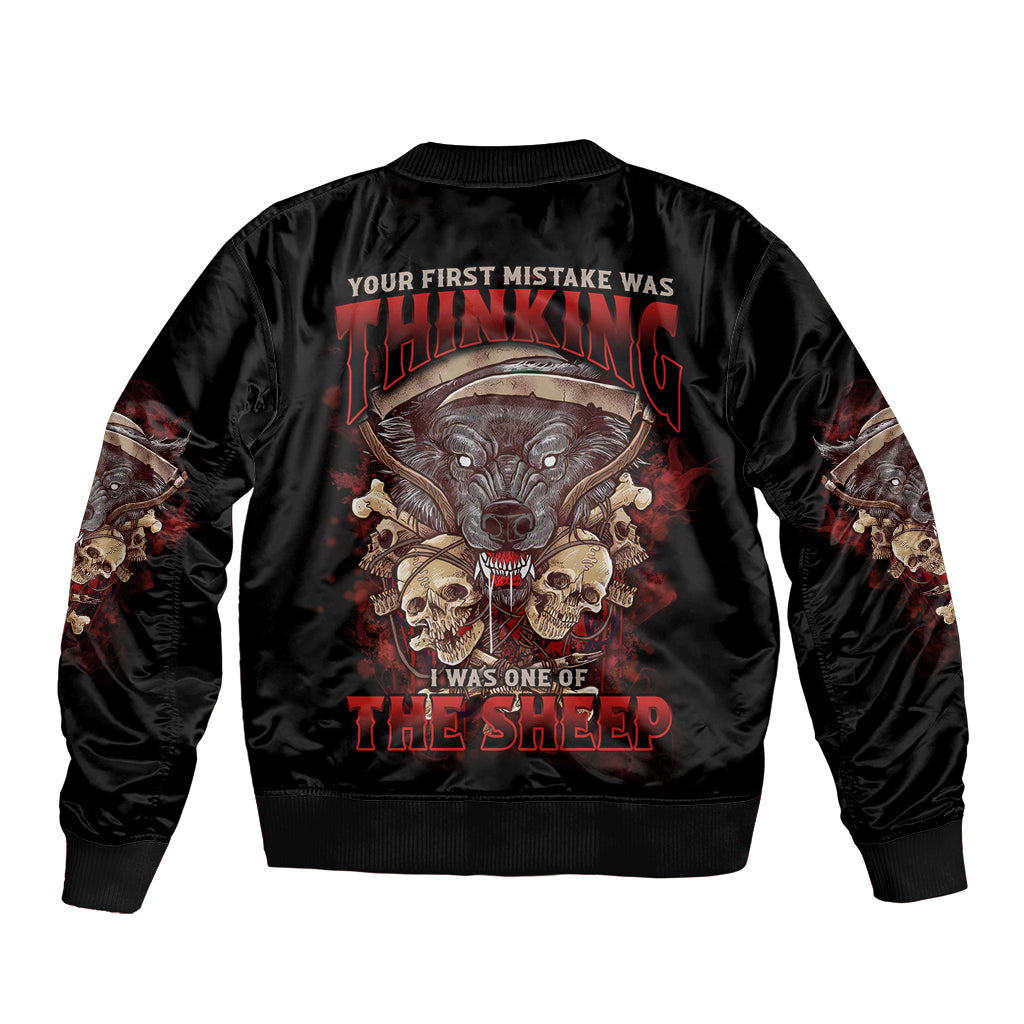 Black bomber jacket with ribbed collar cuffs; large back graphic print