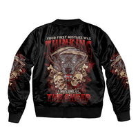 Black bomber jacket with ribbed collar cuffs; large back graphic print