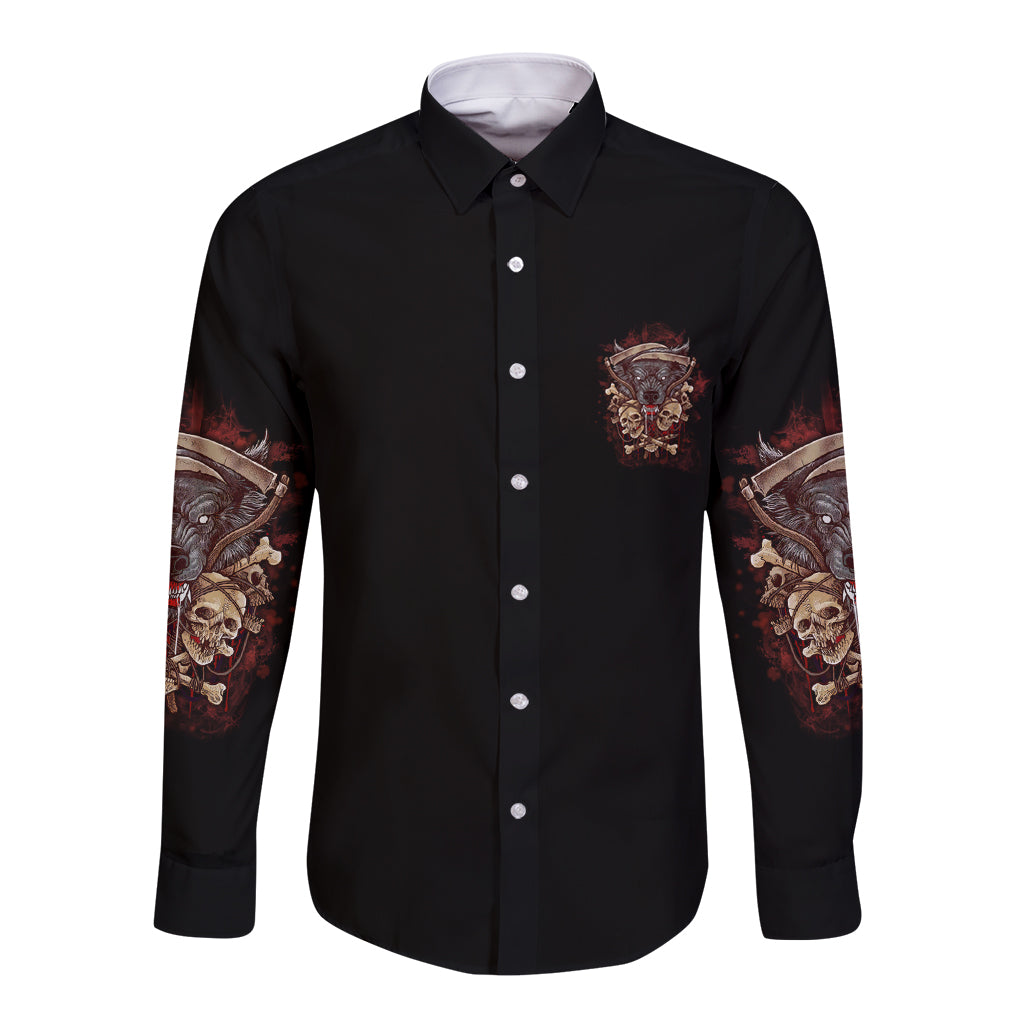 Black long-sleeve button shirt with front chest emblem and skull-print sleeves