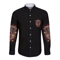 Black long-sleeve button shirt with front chest emblem and skull-print sleeves