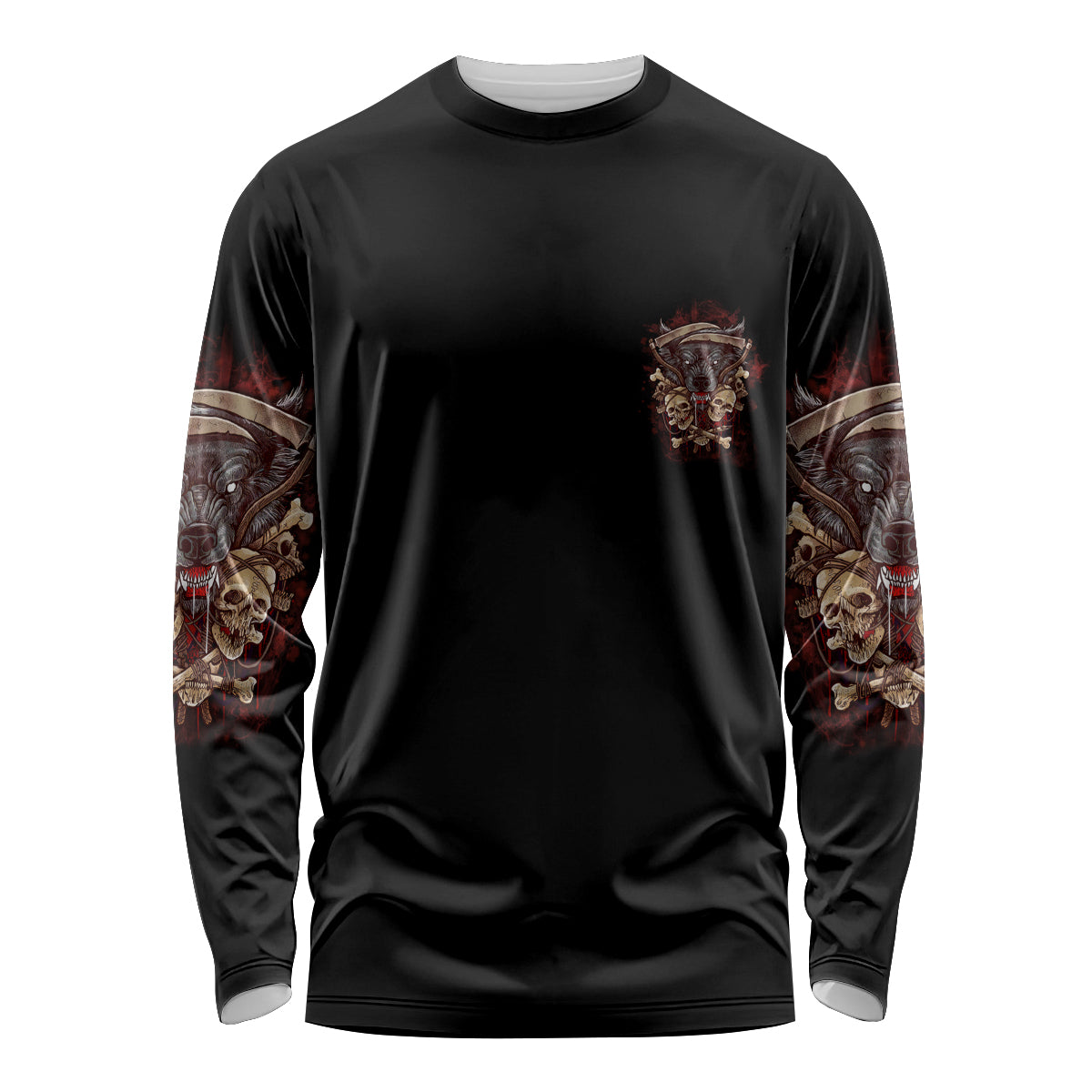 Black unisex long sleeve shirt with small multicolor chest graphic and patterned sleeves