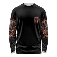 Black unisex long sleeve shirt with small multicolor chest graphic and patterned sleeves