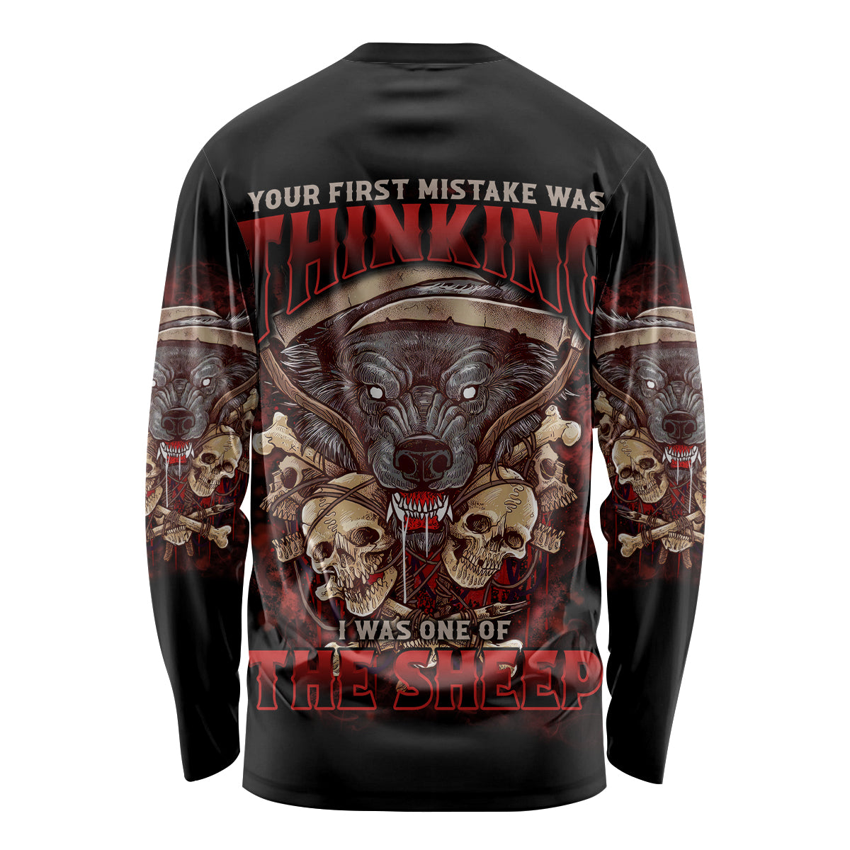 Black unisex long sleeve shirt with large multicolor back skull graphic and bold text