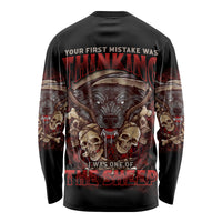 Black unisex long sleeve shirt with large multicolor back skull graphic and bold text