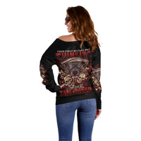 Women’s off-shoulder black sweater with big back text graphic and skull art