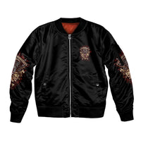 Black unisex bomber jacket with front zip, small chest emblem, printed sleeve panels