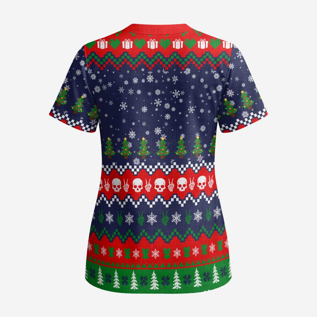 Dead Inside But Jolly Af Christmas Skeleton Scrub Top Xmas Holiday Patterns - Wonder Print Shop