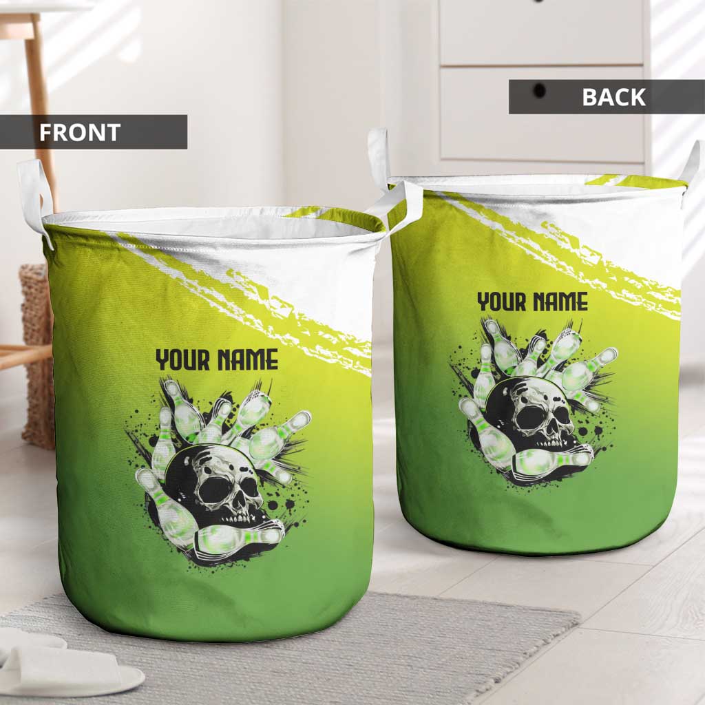 Personalized Skull Bowling Laundry Basket with Neon Green Strike Design - Edgy Bowler Style - Wonder Print Shop