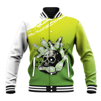Personalized Skull Bowling Baseball Jacket with Neon Green Strike Design - Edgy Bowler Style - Wonder Print Shop