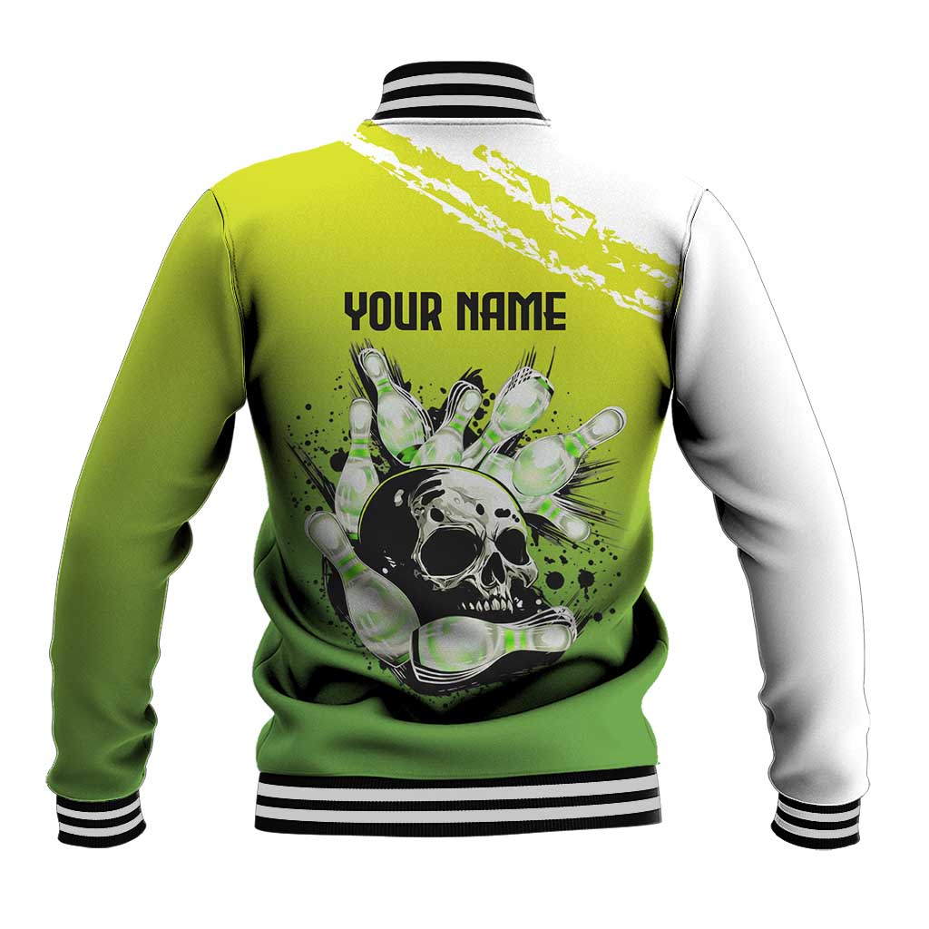 Personalized Skull Bowling Baseball Jacket with Neon Green Strike Design - Edgy Bowler Style - Wonder Print Shop